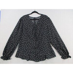 Black White Polka Dot Flowy Blouse With Ruffled Sleeves Women Size - 20